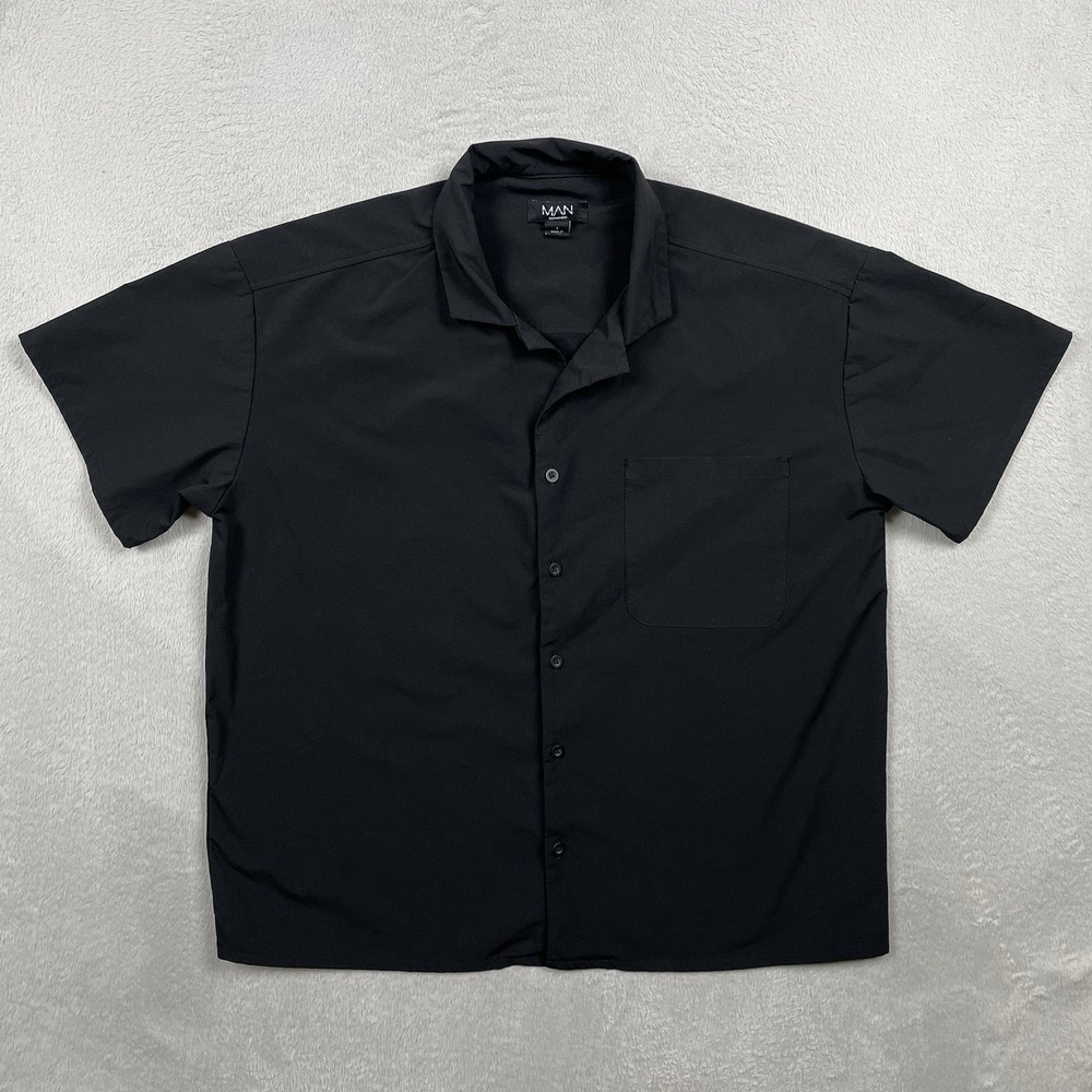 Boxy Button Up Shirt Mens Small Black Oversized Short Sleeve Stretch BoohooMan